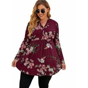 Floral Tunic Baby Doll Henley Top Empire Waist Sz 14 W Plus Burgundy Red Flare